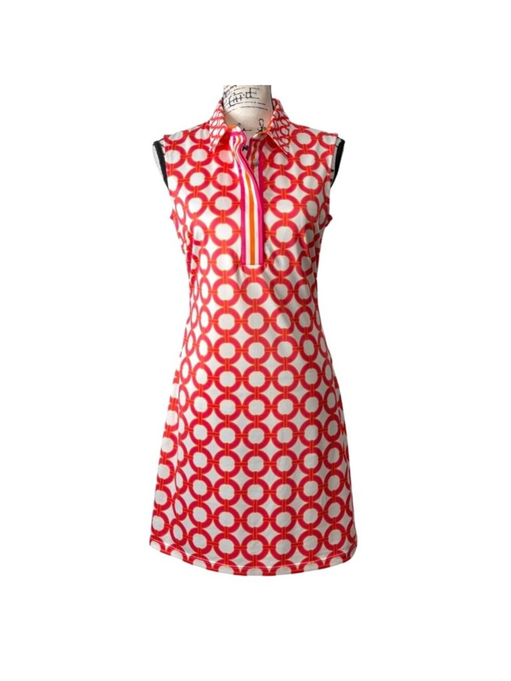 Gretchen Scott XS Sleeveless Dress Collared Red White Orange Geometric Stretch